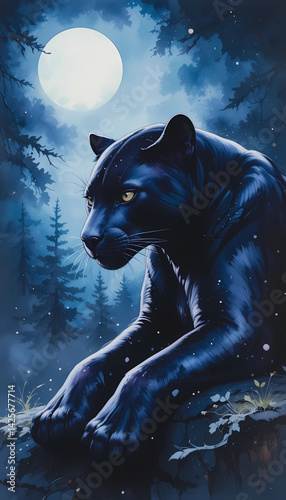 A striking watercolor black panther lounging in the shadows, painted in deep blues, purples, and moonlit highlights.