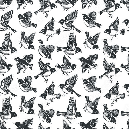 Vector seamless pattern linocut with birds. Modern trendy minimal style. Black and white colors. Botanical blockprint. Hand drawn design for wallpaper, wall decor, print, postcard, cover, template.