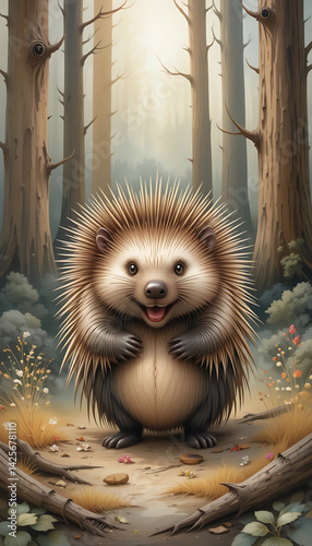 A curious watercolor porcupine in a forest clearing, with soft quill details, warm brown tones, and a touch of whimsy.

