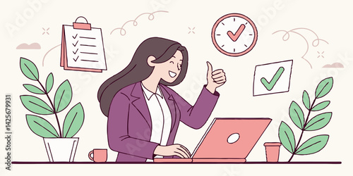 Successful Professional Woman Working on Laptop Cartoon Illustration