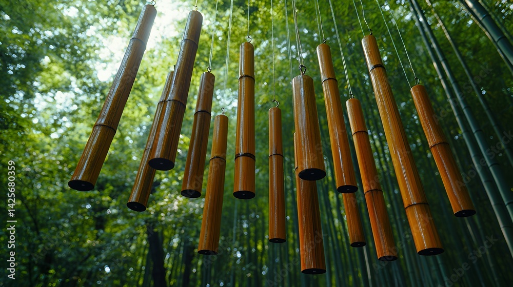 Obraz premium Bamboo wind chimes hanging in a bamboo forest.