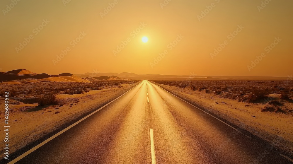 Naklejka premium A deserted highway stretching endlessly through the vast desert, with golden dunes on both sides under the setting sun.