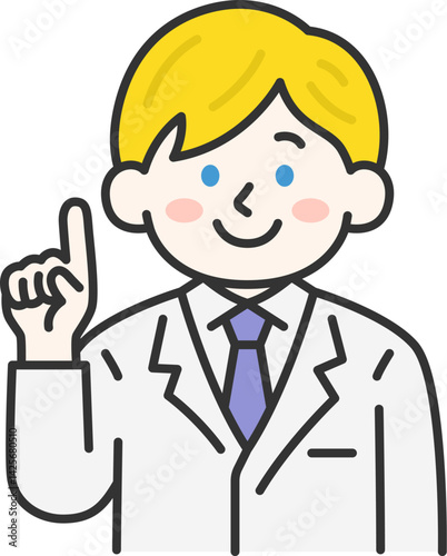 提案する、白衣を着た、白人の男性医師（線画カラー）のイラスト