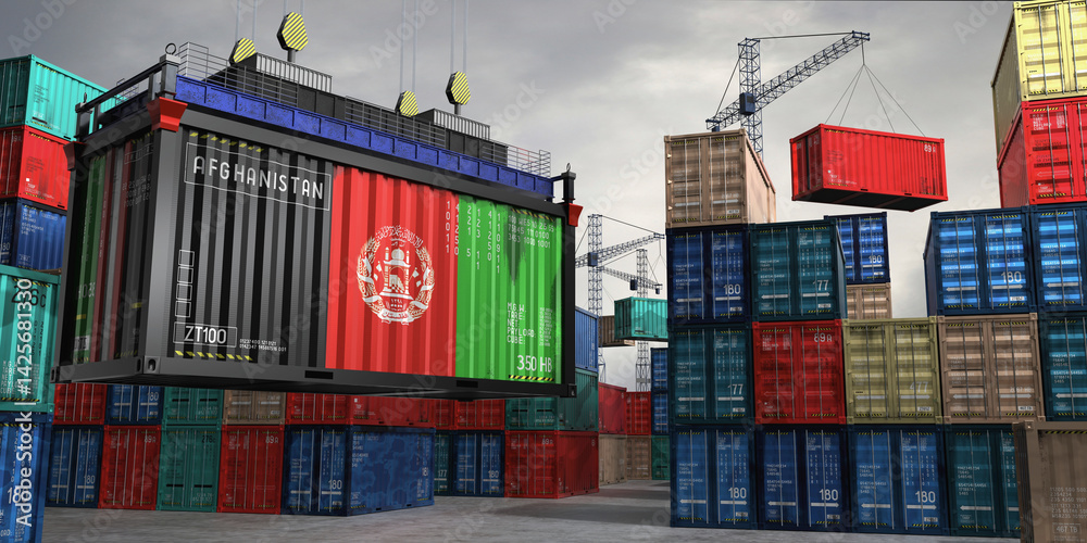 Fototapeta premium Cargo container with flag of Afghanistan lifted by crane at freight terminal - 3D illustration