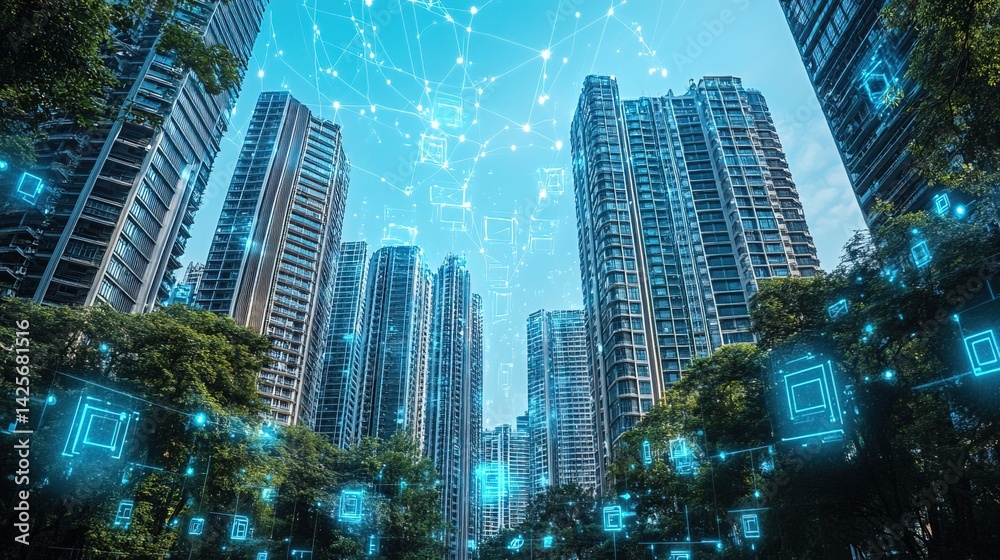 Fototapeta premium A futuristic megacity with interactive holograms floating between buildings 