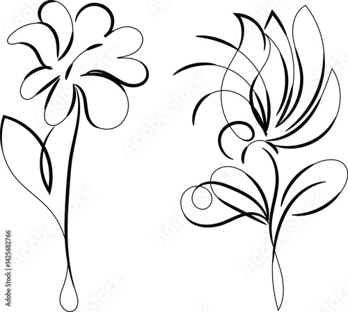 Abstract vector floral design showcases ornate black flower and leaf elements in a swirling pattern, a natural art illustration