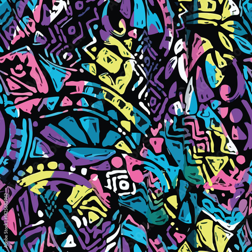 Seamless pattern design features a vibrant and intricate geometric composition with bold, multicolored shapes and tribal motifs, creating a dynamic and playful visual effect