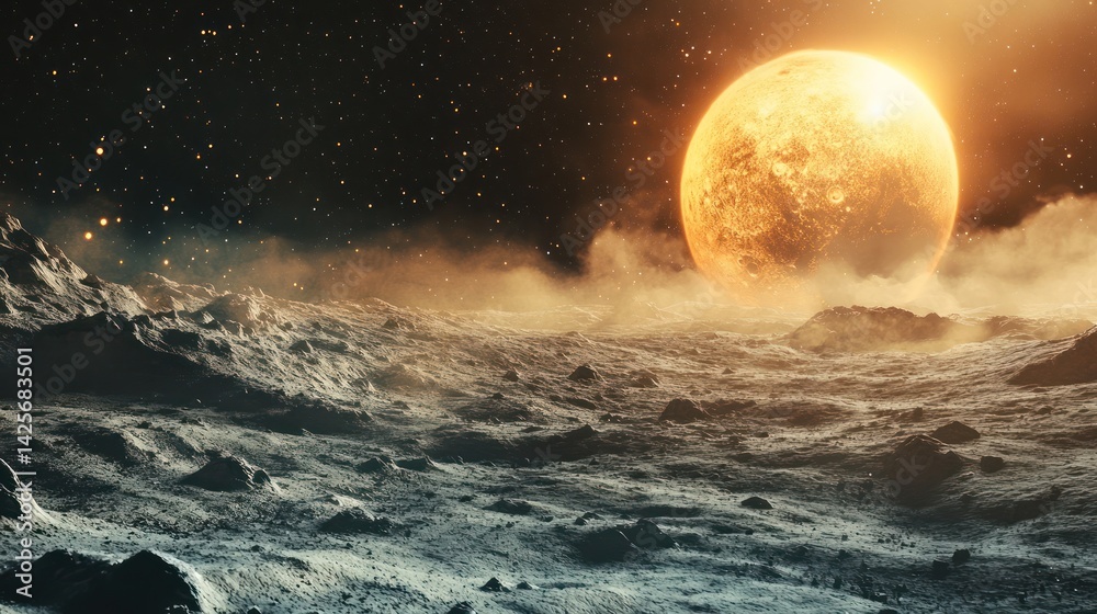 Fototapeta premium A surreal landscape with a large planet and starry night