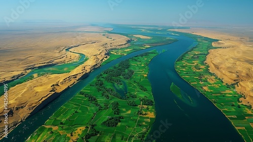 Nile River dramatic satellite perspective showcasing Niles path through arid desert landscape sustaining lush green floodplain ancient irrigation channel still use embodying millennia old significance
