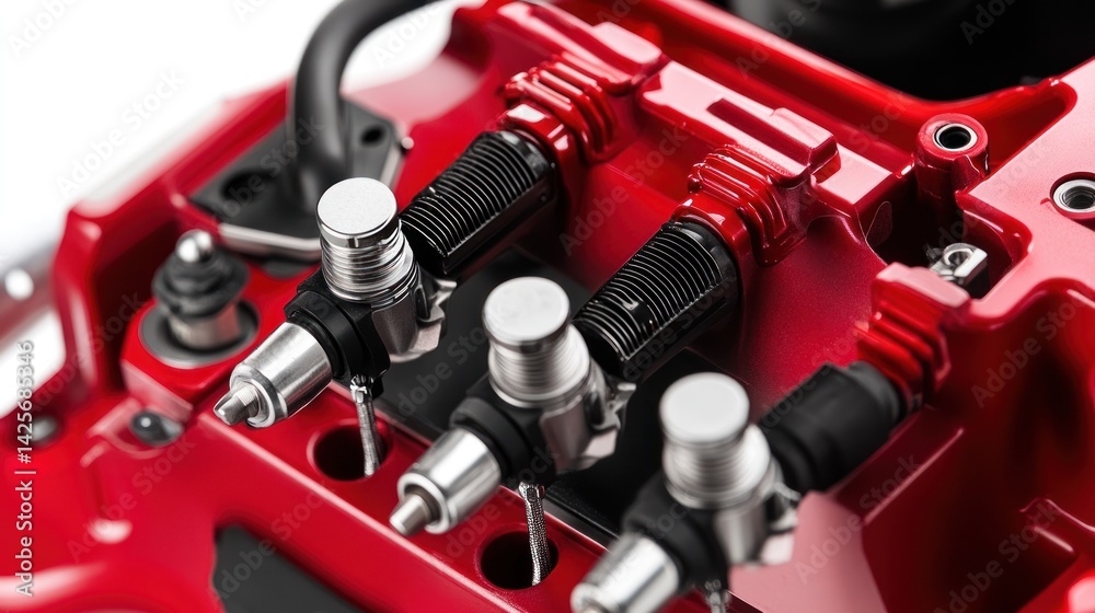 Close-up of red metallic machine part with silver and black components. Close-up of red metallic machine part with silver and black components.