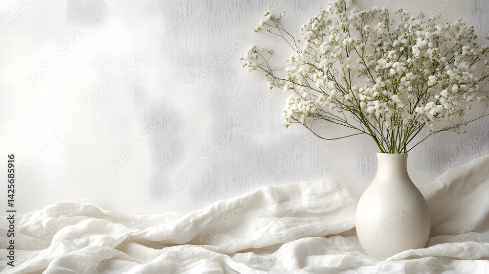 Fototapeta premium Elegant white floral arrangement in vase minimalist interior photography bright serene atmosphere
