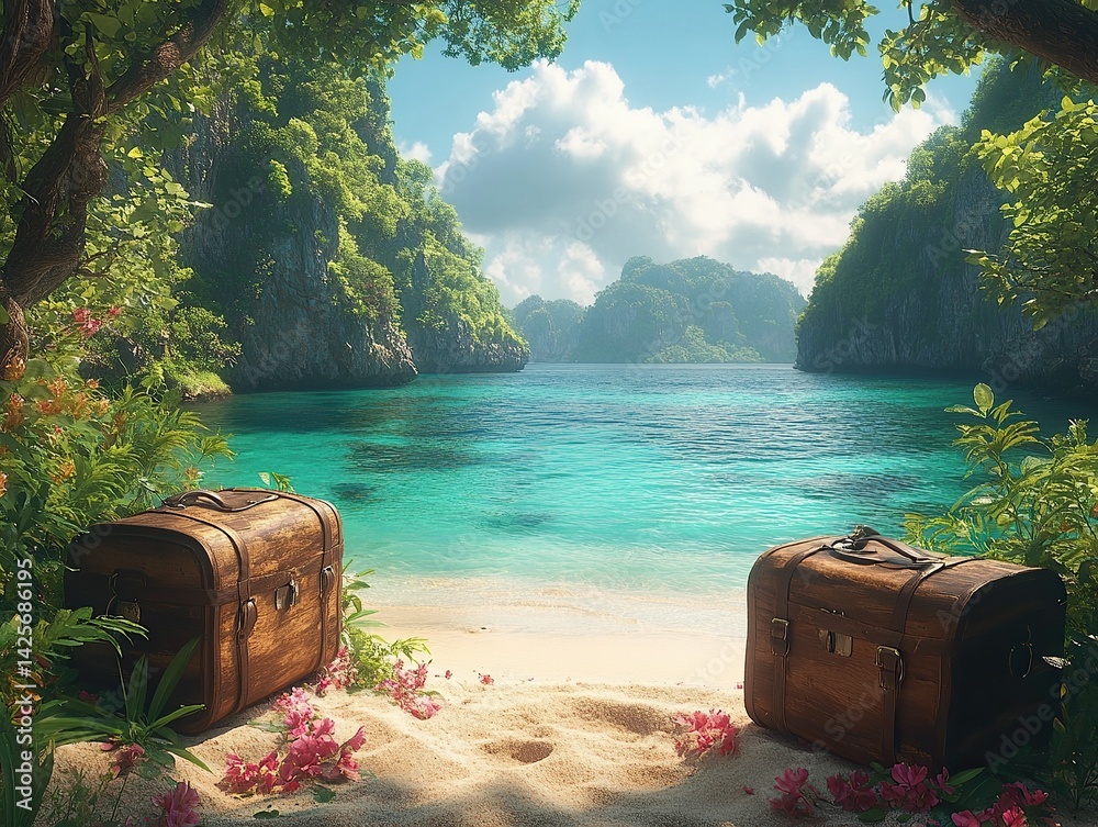 Fototapeta premium Tropical getaway with rustic treasure chests on a serene beach surrounded by lush greenery and turquoise waters.