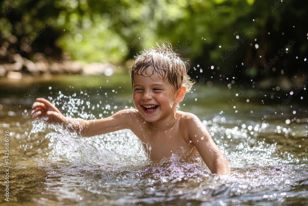Happy child splashing and playing in river on summer day Happy child splashing and playing in river on summer day