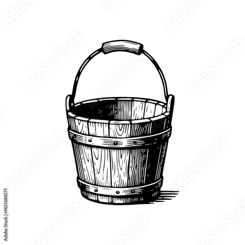 Vector engraving style illustration of a Wooden Bucket