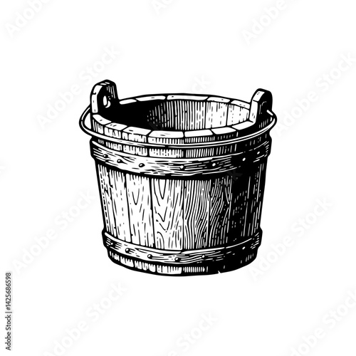 Vector engraving style illustration of a Wooden Bucket