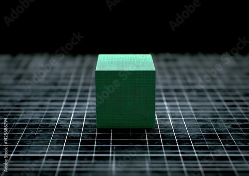Teal Cube on Grid Floor