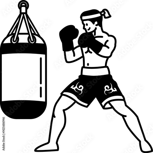black and white Muay Thai boxer punching a sandbag