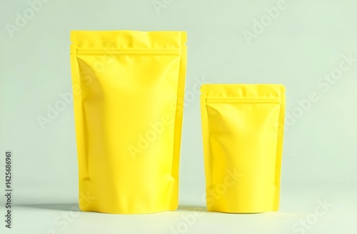 Blank craft plastic pouch, light yellow packages big and small, mylar bags isolated for coffee or food, cosmetic products, snack, candy. Different sizes, mock up. white background.