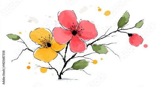 Watercolor Floral Design  Pink  Yellow Flowers  Branches  Leaves  Minimalist Art Print