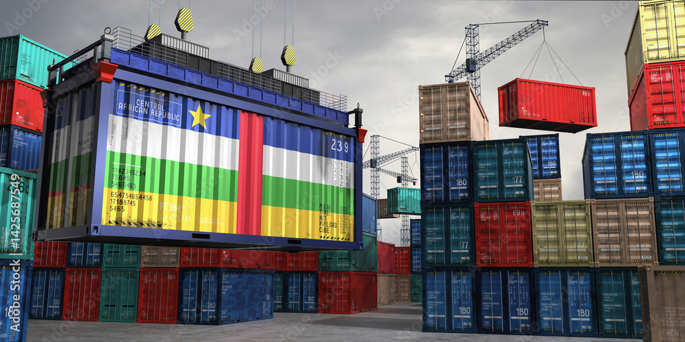 Fototapeta premium Cargo container with flag of Central African Republic lifted by crane at freight terminal - 3D illustration