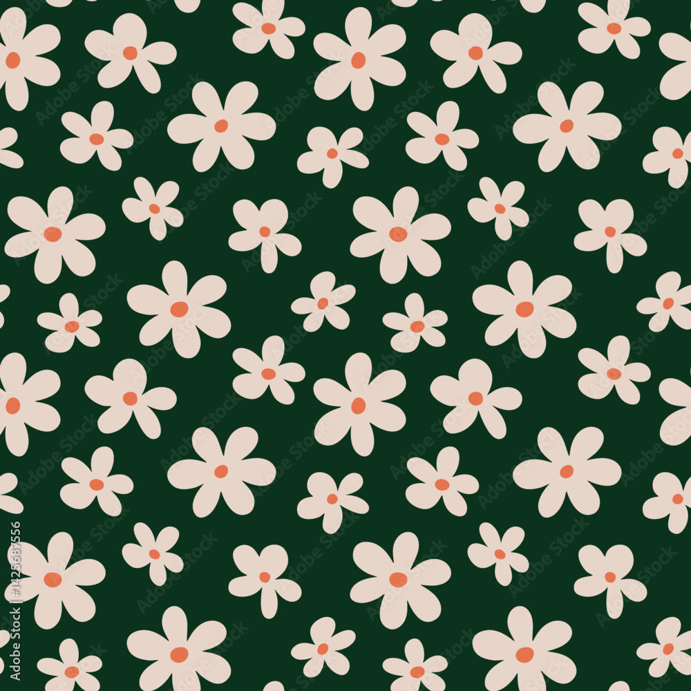 Fototapeta premium seamless pattern design features pink flowers with orange centers on a dark green background, creating a cheerful and decorative floral motif