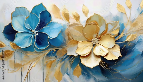 Vibrant Gold and Deep Blue Hydrangea Flower Abstraction, Swirling in a Field of Color and Emotion on a Pure White Canvas.