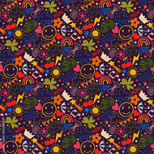 Seamless pattern with fun doodles: smiling faces, rainbows, flowers, hearts,  leaves, clouds, crown, bows. Design perfect for fabric, children's decor, wrapping, stationery, packaging, wrapping.