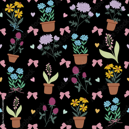 Floral seamless pattern with colorful flowers in rustic pots, accented by bows and hearts. Ideal for fabric, home decor, stationery, crafts, wrapping, wallpaper, packaging, textiles, scrapbooking.