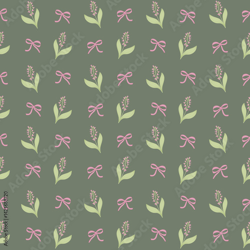 Floral seamless pattern with  pink flowers and green leaves, accented by soft bows. Repeated flower background. Ideal for fabric, home decor, stationery, wrapping, wallpaper, packaging, textiles.