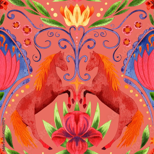 Folk-inspired seamless pattern with  horses. Floral and swirling decorative elements. Symbol of the 2026 Chinese New Year.  Perfect for fabric, wallpaper, stationery, crafts, packaging and home decor.