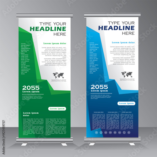 Creative roll up banner template design for business, modern x-banner with  green and blue, vertical standees banner advertising. roll up vector banner template illustration