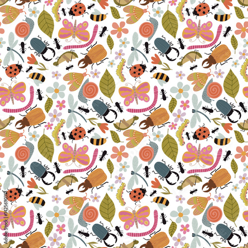 Seamless pattern with colorful cartoon insects and flowers. Garden-inspired background. Perfect for children designs, fabric, wallpaper, crafts, wrapping, scrapbooking, edutainment design and decor.