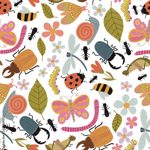 Seamless pattern with colorful cartoon insects and flowers. Garden-inspired background. Perfect for children designs, fabric, wallpaper, crafts, wrapping, scrapbooking, edutainment design and decor.
