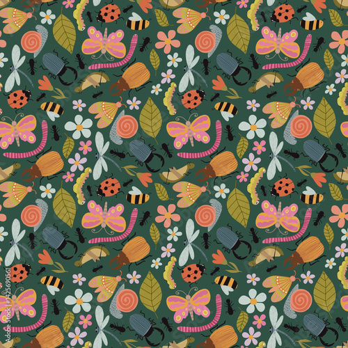 Seamless pattern with colorful cartoon insects and flowers. Garden-inspired background. Perfect for children designs, fabric, wallpaper, crafts, wrapping, scrapbooking, edutainment design and decor.