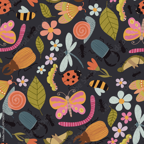 Seamless pattern with colorful cartoon insects and flowers. Garden-inspired background. Perfect for children designs, fabric, wallpaper, crafts, wrapping, scrapbooking, edutainment design and decor.