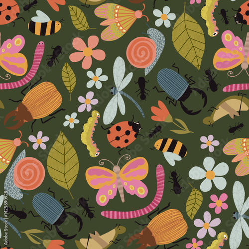 Seamless pattern with colorful cartoon insects and flowers. Garden-inspired background. Perfect for children designs, fabric, wallpaper, crafts, wrapping, scrapbooking, edutainment design and decor.