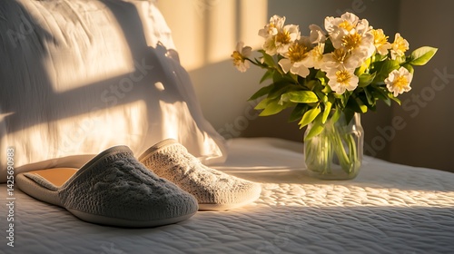 Cozy slippers placed at the bedside with a fresh bouquet of flowers nearby, bathed in soft light, creating a peaceful and serene atmosphere perfect for Mother's Day or a thoughtful gift for mom.