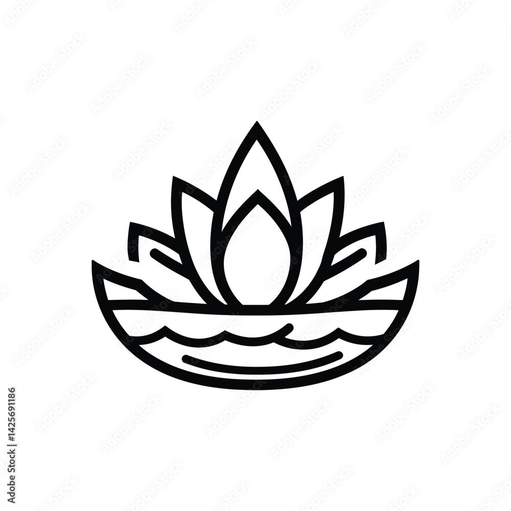 Fototapeta premium Outline Lotus Flower on Water Transparent Background Minimalist Icon Symbol