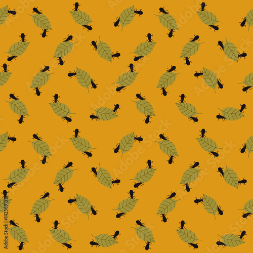 Seamless pattern with ants carrying leaves. Nature-inspired background. Ideal for fabric, children decor, packaging, eco-products and stationery, wrapping paper, wallpaper, scrapbooking, web decor.