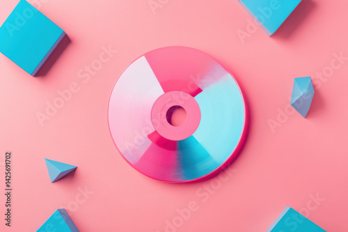 Pink and blue cd or dvd disk surrounded by geometric shapes on pink background