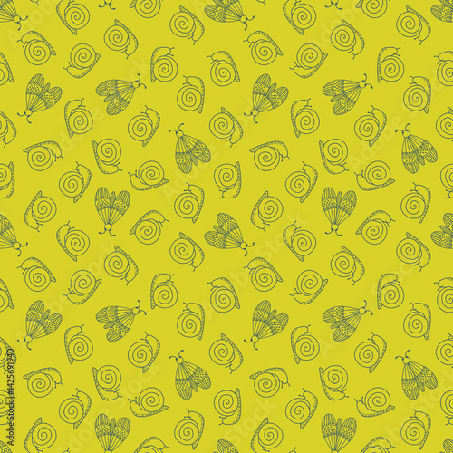Seamless pattern with  snail and moth. Whimsical and calm background. Perfect for textile, nursery decor, wallpaper, wrapping paper,  stationery, packaging, scrapbooking, web design, fabric.