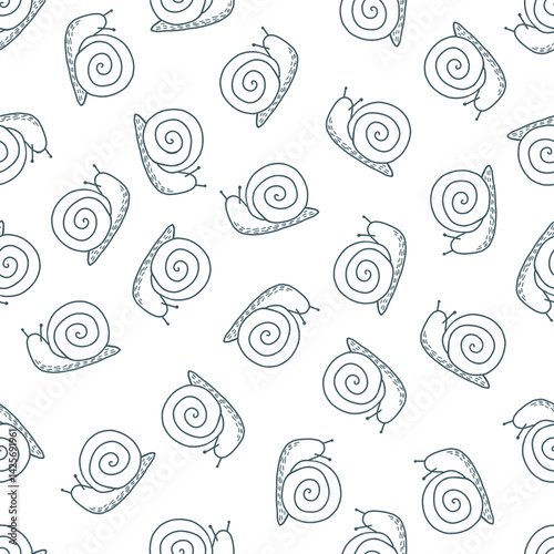 Seamless pattern with hand-drawn snails. Cute and playful background perfect for children's textiles, nursery decor, wrapping paper, wallpapers, stationery projects, fabric, scrapbooking, packaging.
