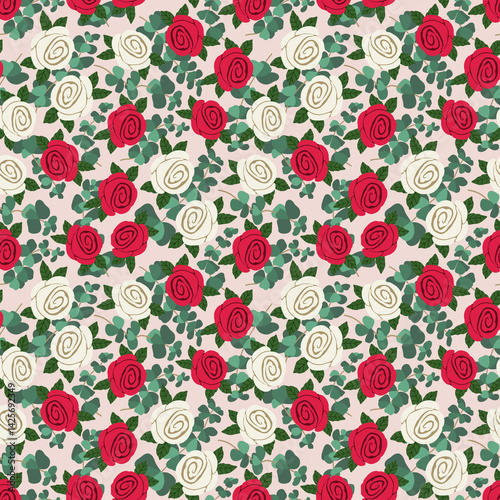 Seamless floral pattern with  red and white roses and eucalyptus leaves. Romantic repeating background. Perfect for fabric, wallpaper, packaging, stationery, textiles and home decor.