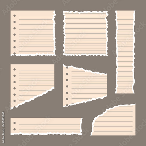Vector fragments of beige torn notebook paper in a line with a white edge of different sizes