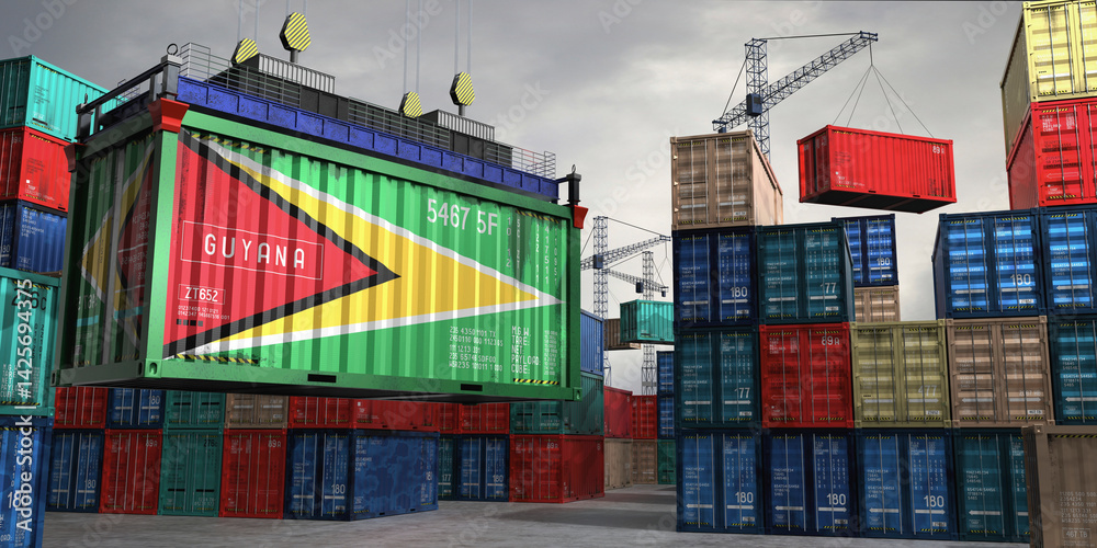 Fototapeta premium Cargo container with flag of Guyana lifted by crane at freight terminal - 3D illustration
