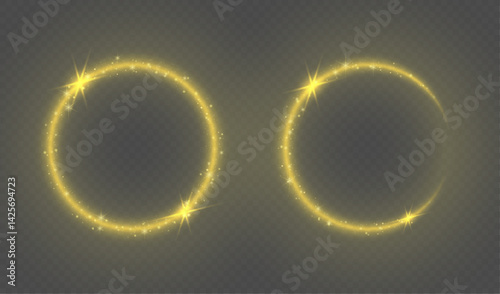 Set of magical golden glowing abstract light banners. Magic circles or frames with flashes of bright yellow light and star dust. Vector illustration.