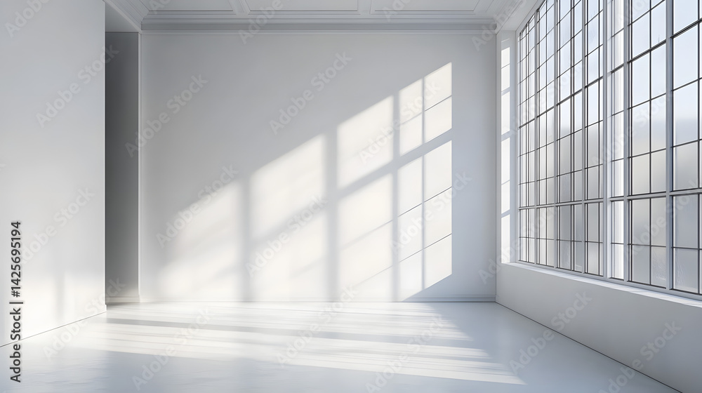 Fototapeta premium Serene natural light streaming through large windows in minimalist white room indoor fresh aesthetic
