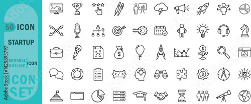 Startup editable outline icon set. Business pitch idea launch marketing strategy and more.