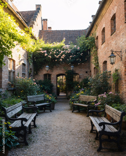 vintage wooden bleacher seating in a historical garden setting with old brick architecture and overgrown plants during golden hour moment premium image europe urban beauty