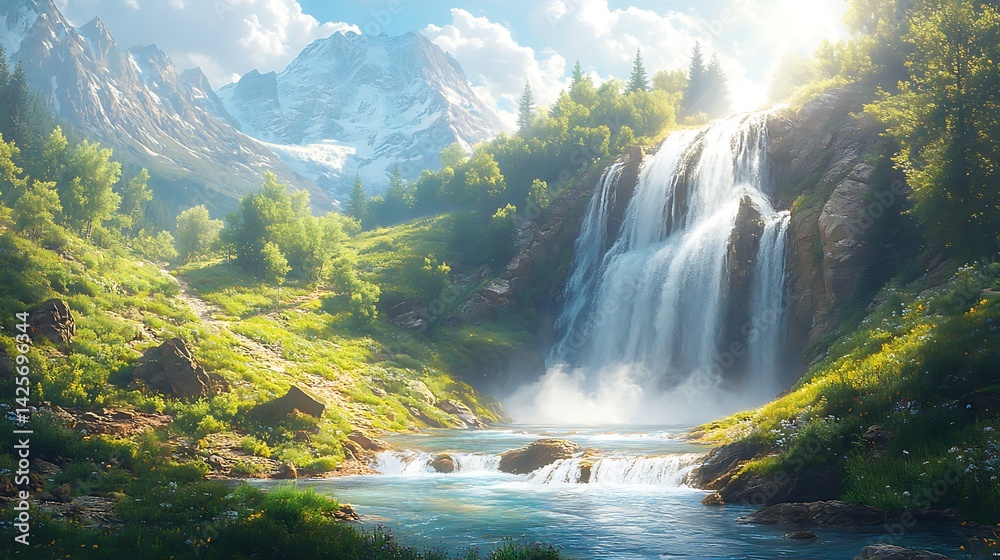 Fototapeta premium Majestic waterfall cascading through a lush mountain valley.